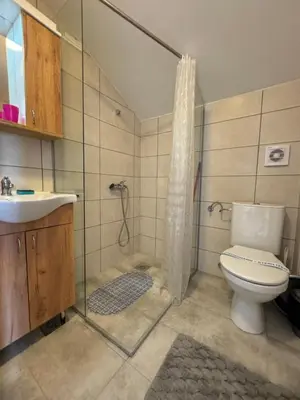 a bathroom with a shower and a toilet and a sink at Vas Dom in Soko Banja