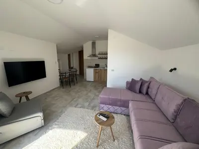 a living room with a purple couch and a tv at Vas Dom in Soko Banja