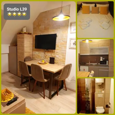 a room with a table and chairs and a kitchen at Milmari L39 Kopaonik in Kopaonik