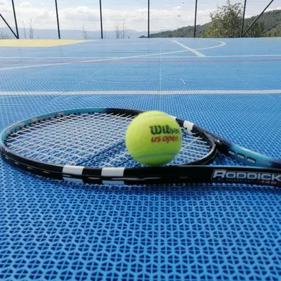 a tennis ball on a tennis racket on a tennis court at Husky N in Raška