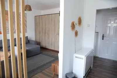 a living room with a couch and a room with a door at Stan na dan in Paraćin