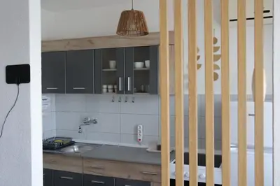 a kitchen with black cabinets and a sink at Stan na dan in Paraćin
