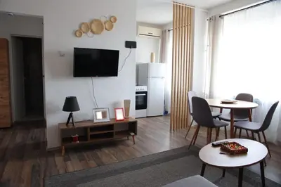 a living room with a tv and a table and chairs at Stan na dan in Paraćin