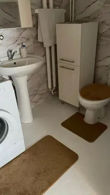 a bathroom with a sink and a toilet and a washing machine at Stan na Dan - Centar - Besplatan parking in Niš
