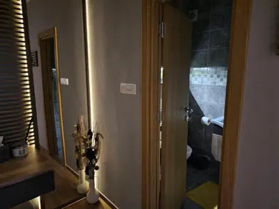 a bathroom with a walk in shower next to a toilet at SOUL Apartman in Soko Banja