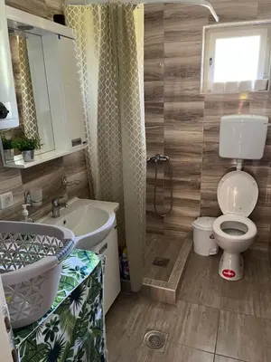 a bathroom with a white toilet and a sink at Vikendica Bellini 3 in Soko Banja