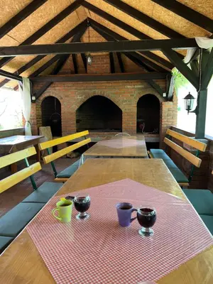 a wooden table with bowls and cups on a table at Vikendica Bellini 3 in Soko Banja