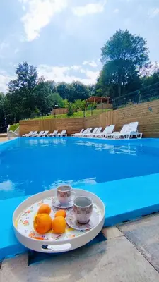 a plate of oranges on a table next to a swimming pool at Apartman AQUARELLE sa bazenom, Delux apartman sa bazenom in Vrnjačka Banja