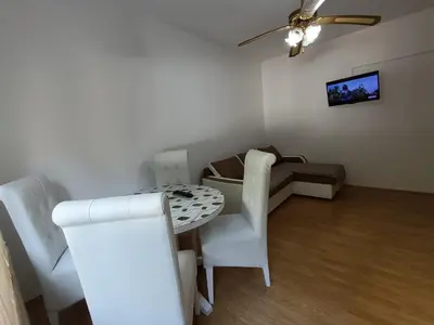 a living room with a table and chairs and a couch at Apartmani Trifunović 2 in Soko Banja