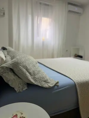 a bed with two pillows on it in a room at Lana Apartman in Niš