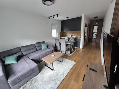 a living room with a couch and a table at Apartmani Banjski Biser in Jošanička Banja