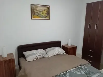 a bed with two pillows and a picture on the wall at Apartman Petrovic 4 in Soko Banja