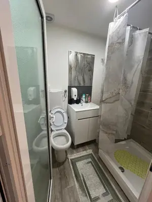 a small bathroom with a toilet and a shower at Apartman city in Niš