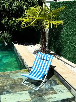 a blue and white chair sitting next to a palm tree at Vila Safra in Vrnjačka Banja