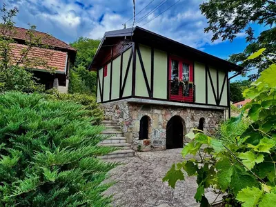 a house with a red window and a stone building at Trnova Ruzica in Trnovac
