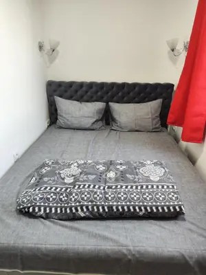 a bedroom with a bed with a black headboard at Milijic Lux 2 in Soko Banja