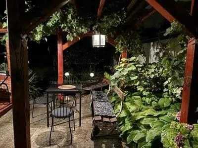 a patio with a table and chairs and plants at Rustik 2 in Soko Banja