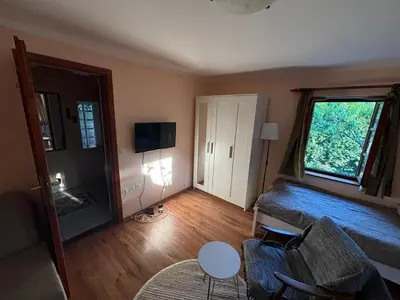 a living room with a couch and a window at Rustik 2 in Soko Banja