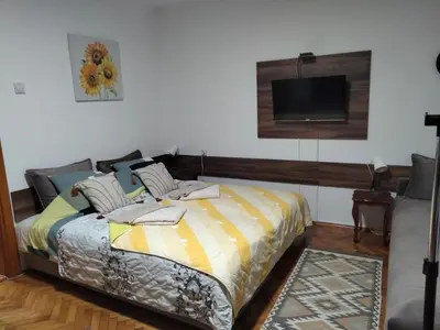 a bedroom with a bed and a flat screen tv at Apartment studio Ignjatovic in Niš