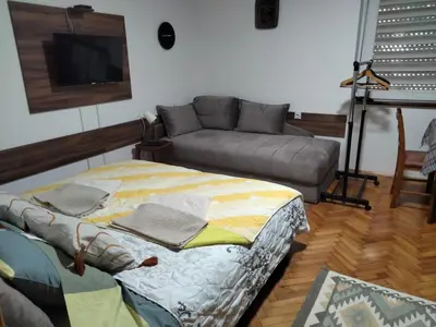 a living room with a bed and a couch at Apartment studio Ignjatovic in Niš