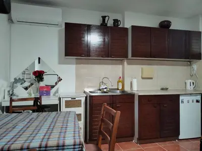 a kitchen with wooden cabinets and a sink and a table at Apartment studio Ignjatovic in Niš