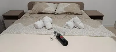 a pair of towels and a remote control on a bed at Studio Dimitrije 15 in Soko Banja
