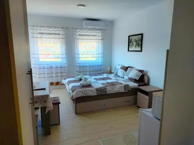 a bedroom with a bed and a couch in it at Studio Dimitrije 15 in Soko Banja
