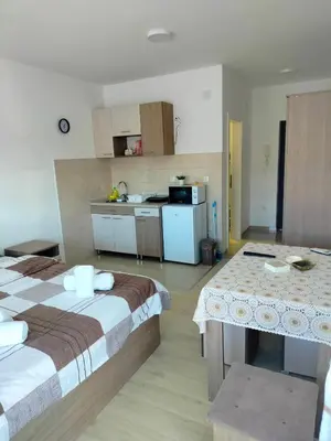 a room with a bed and a kitchen with a table at Studio Dimitrije 15 in Soko Banja