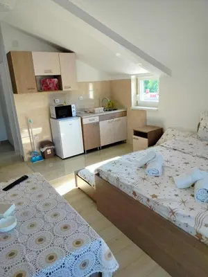 a large room with two beds and a kitchen at Studio Marija 20 in Soko Banja