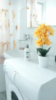 a bathroom with a toilet and a vase of flowers on a counter at Apartman EmEm in Kuršumlija