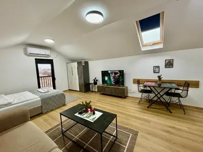 a living room with a bed and a table at Promo Studio Apartment in Pirot