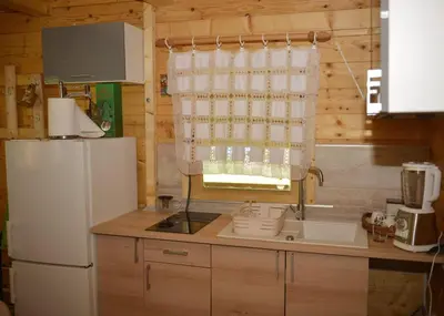 a kitchen with a white refrigerator and a sink at Deda Misina Koliba in Ćuštica