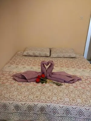 a bed with a purple blanket and flowers on it at Lina apartment in Lebane