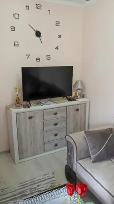a living room with a tv and a clock on the wall at Lina apartment in Lebane