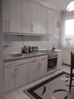 a kitchen with white cabinets and a sink at Lina apartment in Lebane