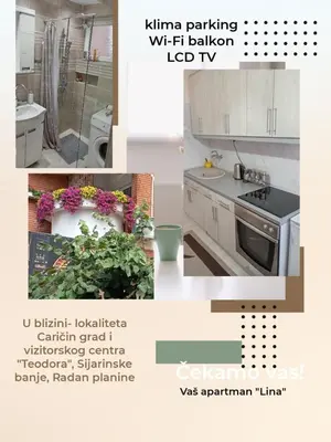 a collage of pictures of a kitchen with white cabinets at Lina apartment in Lebane