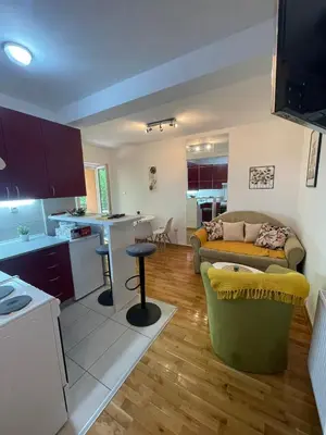 a kitchen and living room with a couch and a table at Apartman Anika in Soko Banja