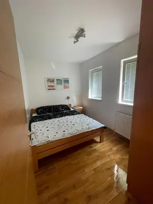 a bedroom with a bed and two windows at Apartman Anika in Soko Banja