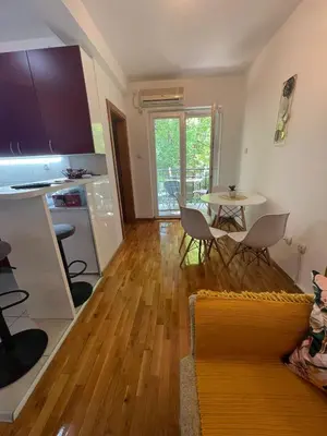 a kitchen and a living room with a table and chairs at Apartman Anika in Soko Banja