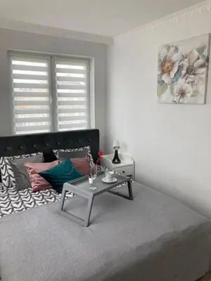 a bedroom with a bed with a table on it at Apartman LOKI in Soko Banja