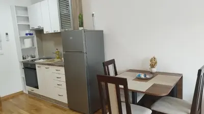 a kitchen with a table and a stainless steel refrigerator at Apartman NEMANJA in Vrnjačka Banja