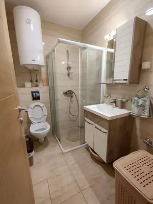 a bathroom with a shower and a toilet and a sink at Sunrise apartment Sokobanja in Soko Banja