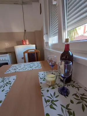 a bottle of wine sitting on a table with two glasses at Sunrise apartment Sokobanja in Soko Banja