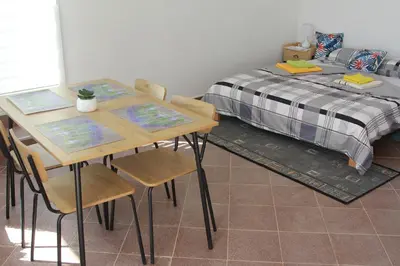 a table and chairs in a room with a bed at Apartmani Borovi in Pirot