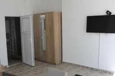 a room with a door and a television in a room at Apartmani Borovi in Pirot