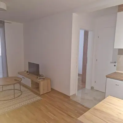 a living room with a tv and a table at MB LUX Residence in Vrnjačka Banja