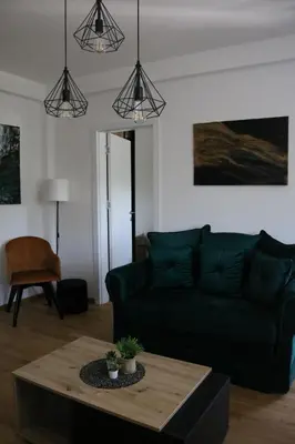 a living room with a green couch and a table at Aria Apartman Sokobanja in Soko Banja