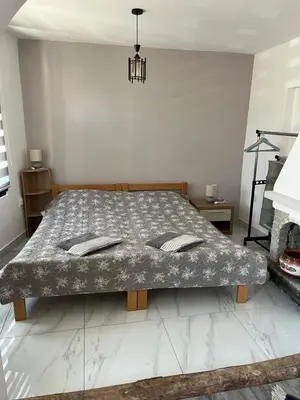 a bedroom with a bed with a comforter on it at Miljaca in Pirot