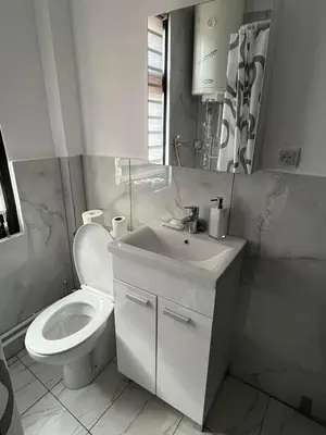 a white bathroom with a toilet and a sink at Miljaca in Pirot