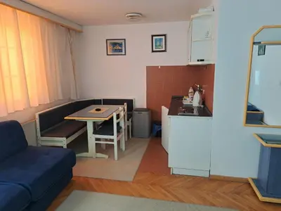 a living room with a table and a kitchen at Kopaonik- Vila Ivana in Kopaonik